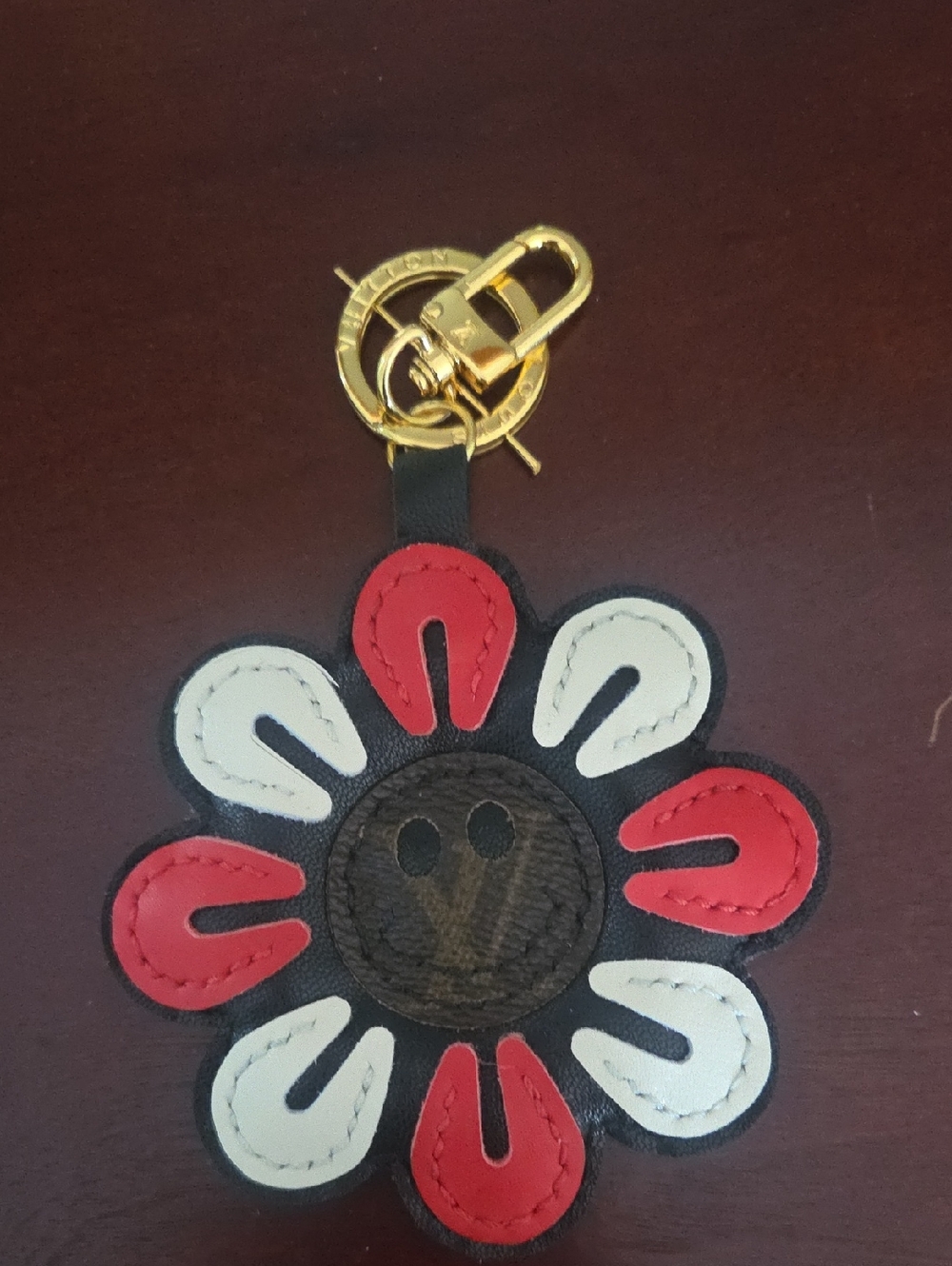 Designer-Inspired Red & White Flower Keychain with Gold Hardware
